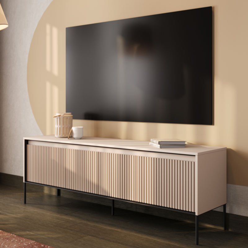 TV-Schrank TREND TR-05 in Sandbeige mit schwarzen Akzenten im modernen Wohnzimmer