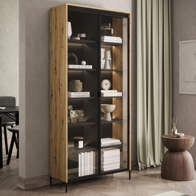 Glasvitrine TREND TR‑07 in Artisan Eiche in modernem Wohnraum – stilvoll und elegant
