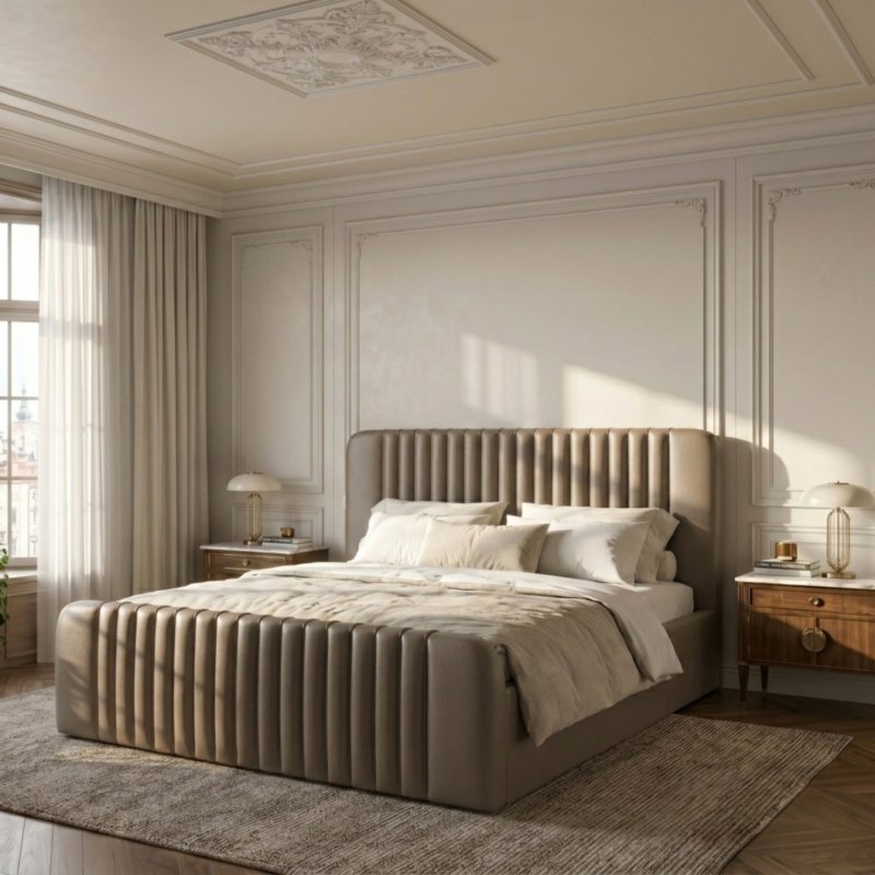 Polsterbett Modena mit Bettkasten und Kopfteil in Echtleder - F3 Grau Beige