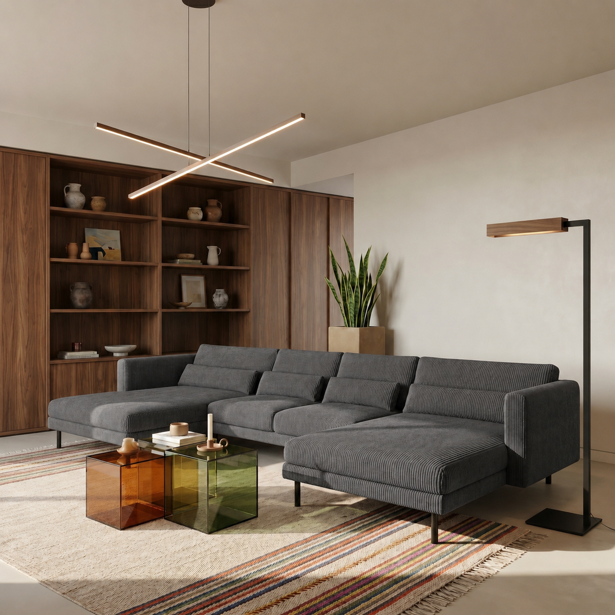 Ecksofa DANI U – Großes Familiensofa in U-Form, bequeme Couch für Wohnzimmer mit Cordstoff POSO, Dunkelgrau Poso 60