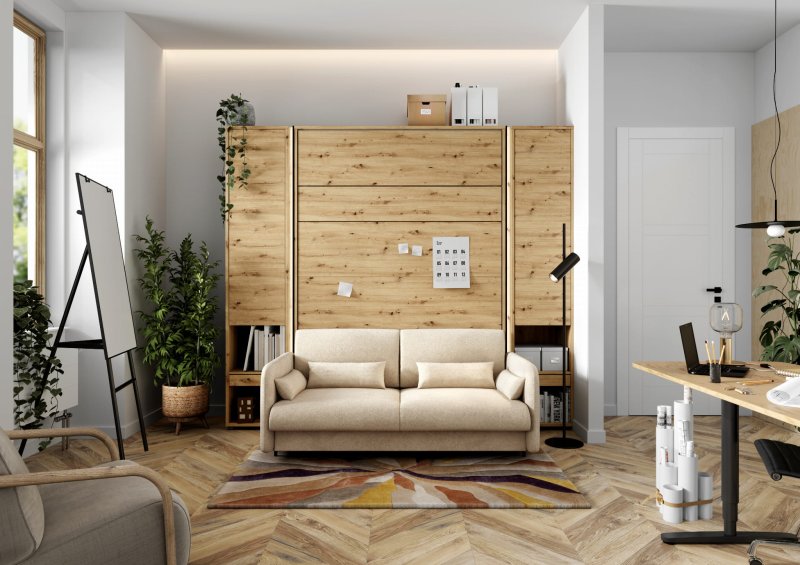Wandklappbett mit Sofa Beige Bouclé