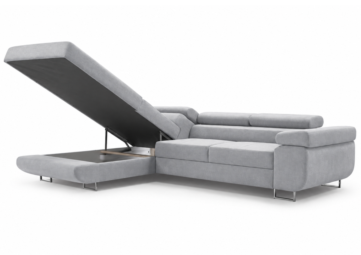 Ecksofa Antonia mit Schlaffunktion, Bettkasten & verstellbaren Kopfstützen – Stoff Sawana/Soft, Schwarz Weiß