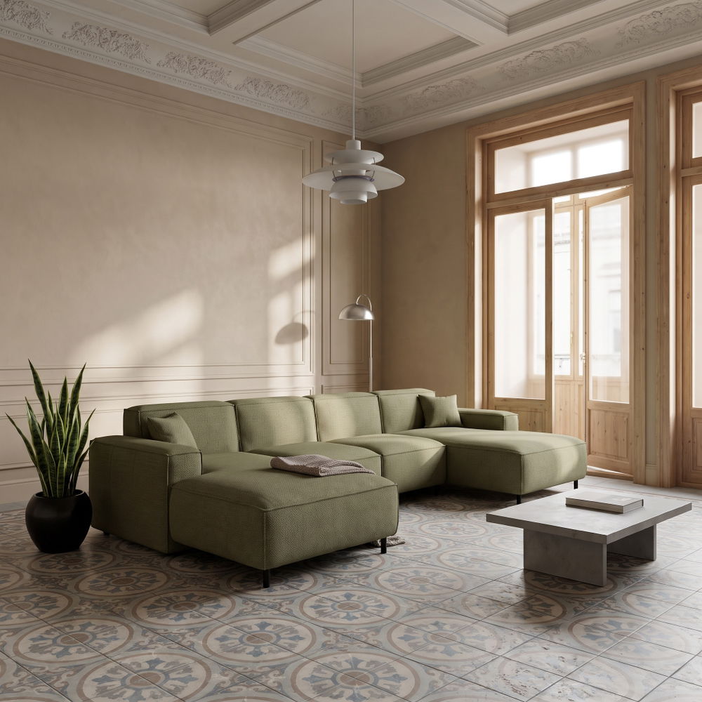 LUGA U HILLS Ecksofa in U-Form – große Wohnlandschaft mit PET-FRIENDLY Stoff ARTICO, freistehend - Grün