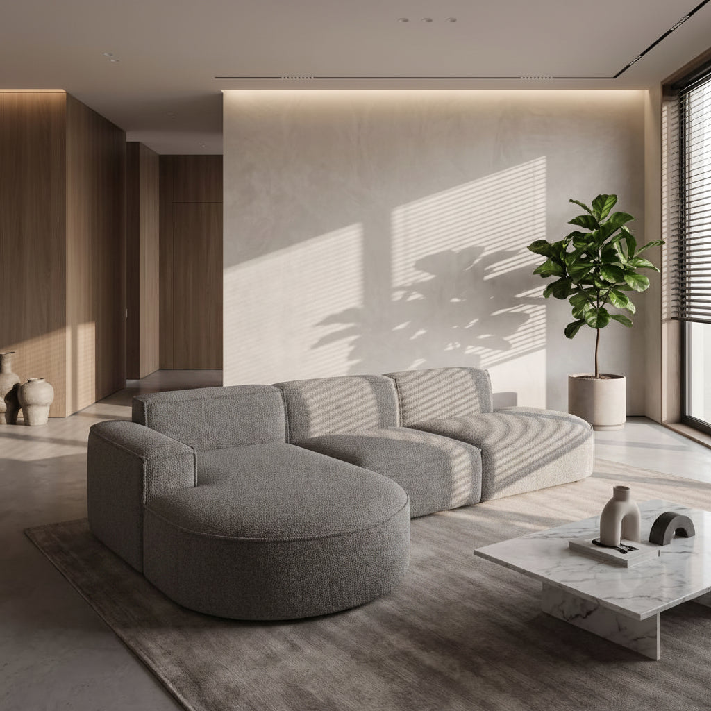 Ecksofa PARMA L – Modernes, komfortables Sofa mit freistehender Rückseite - BOUCLÉ Grau (Loop 18)