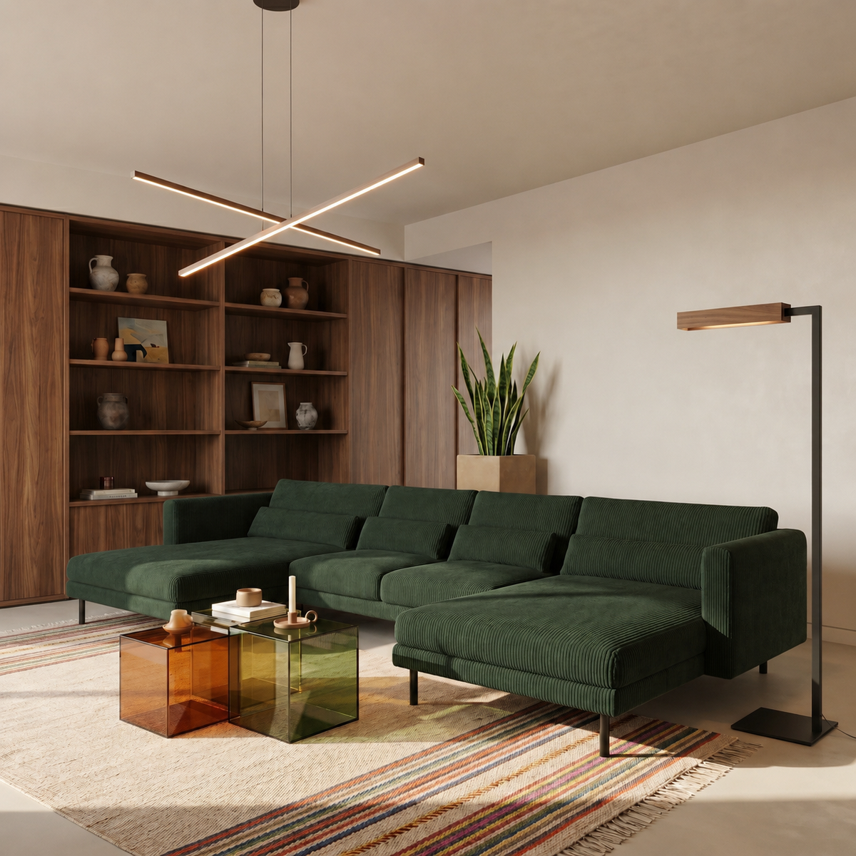 Ecksofa DANI U – Großes Familiensofa in U-Form, bequeme Couch für Wohnzimmer mit Cordstoff POSO, Dunkelgrün Poso 14
