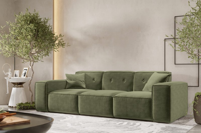 Sofa Luga mit Tasten 3-Sitzer Oliv Chenille Stoff Dekor