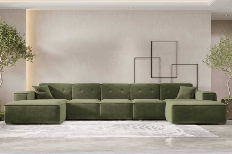 Ecksofa Luga U XL mit Tasten Chenille Oliv Stoff Dekor
