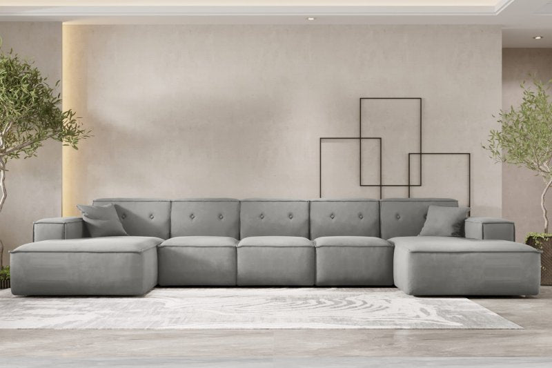 Ecksofa Luga U XL mit Tasten Hellgrau Samt Stoff Dekor