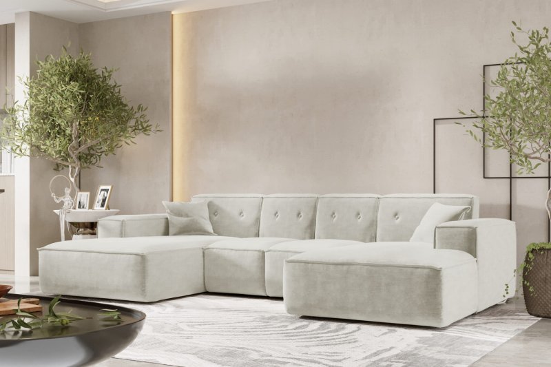 Ecksofa Luga U M mit Tasten Creme Chenille Stoff Dekor