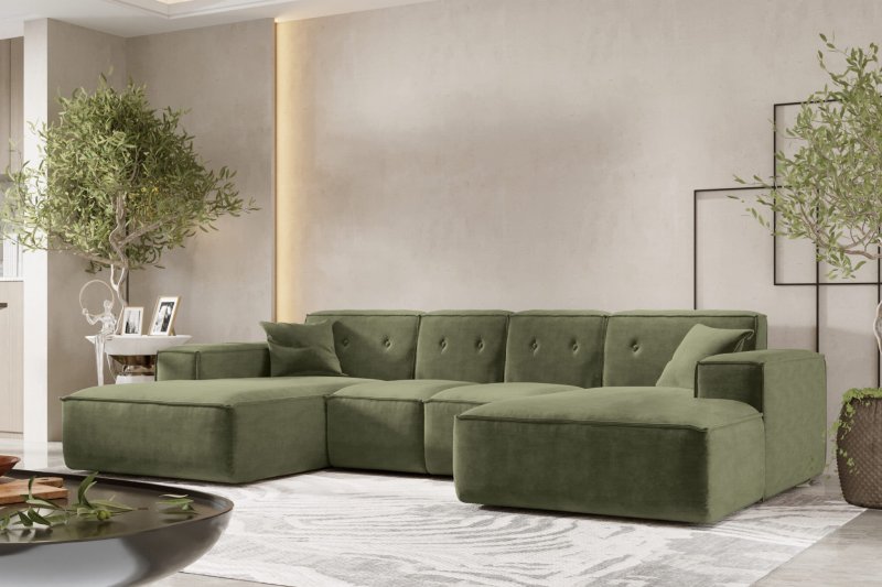 Ecksofa Luga L M mit Tasten Chenille Oliv Stoff Dekor