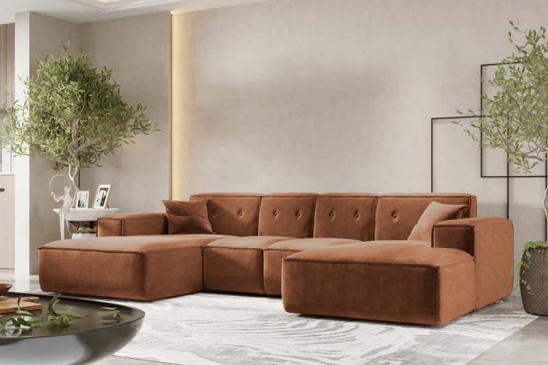 Ecksofa Luga U M mit Tasten Chenille Rostfarbe Stoff Dekor