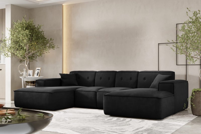 Ecksofa Luga U M mit Tasten Samt Schwarz Stoff Dekor