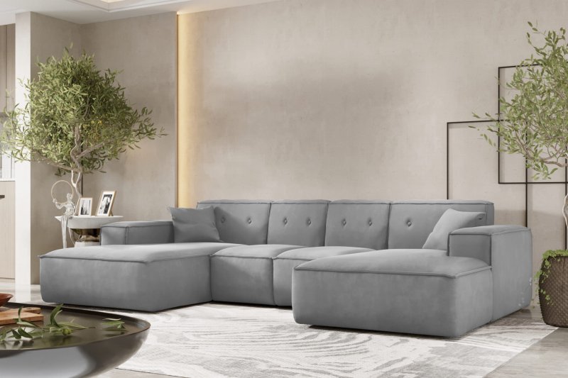 Ecksofa Luga U M mit Tasten Samt Hellgrau Stoff Dekor