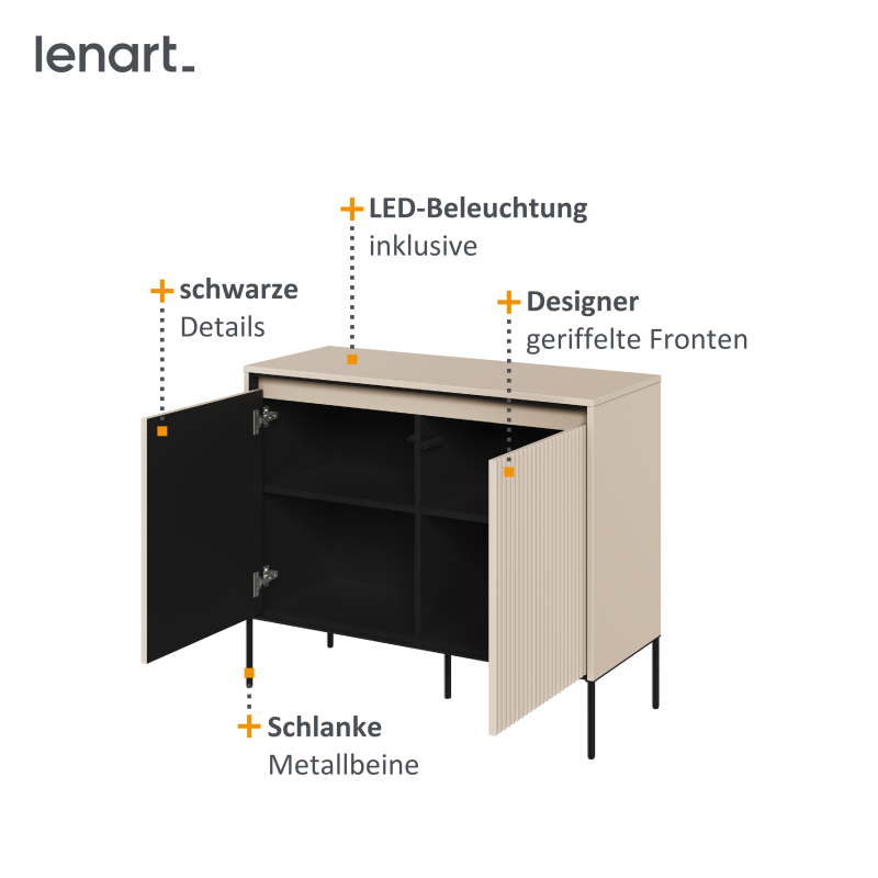 Detail der geschnitzten Frontpaneele mit LED-Beleuchtung – Kommode TREND TR-02