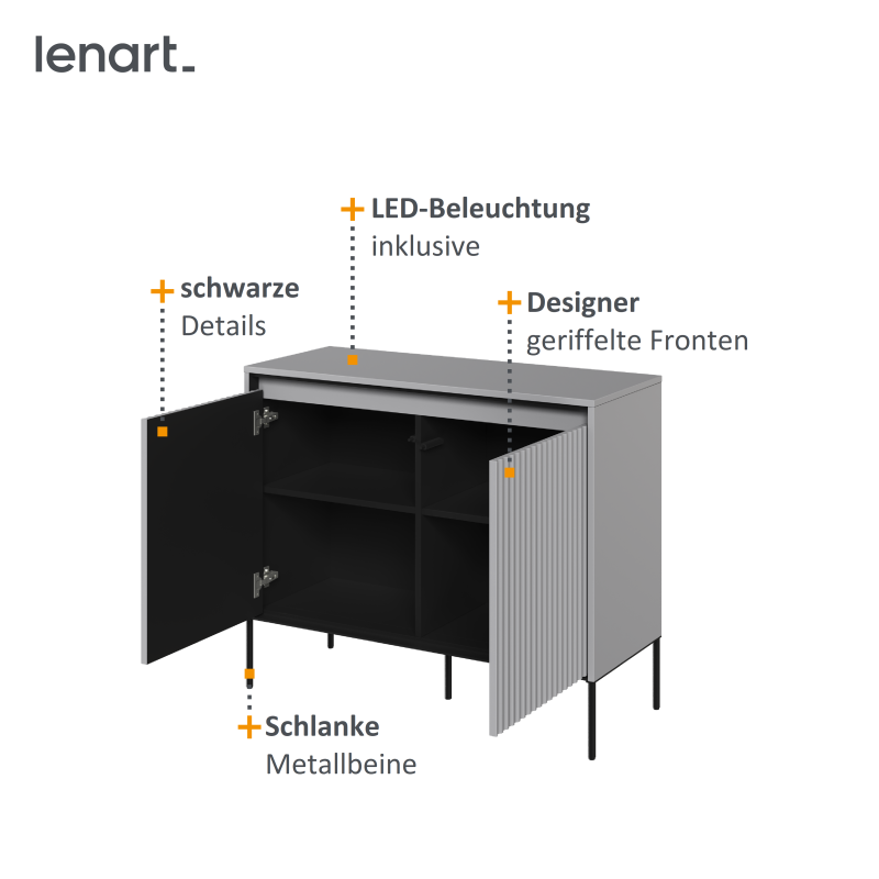 Detail der geschnitzten Frontpaneele mit LED-Beleuchtung – Kommode TREND TR-02