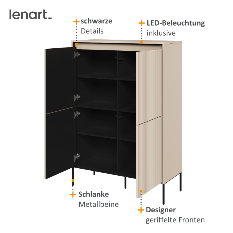 Geschnitzte Fronten und LED-Beleuchtung der TREND TR-03 Kommode – elegante Details in Nahaufnahme