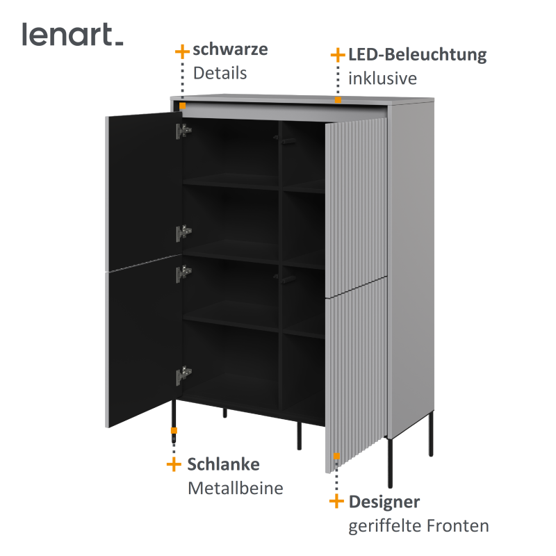 Geschnitzte Fronten und LED-Beleuchtung der TREND TR-03 Kommode – elegante Details in Nahaufnahme
