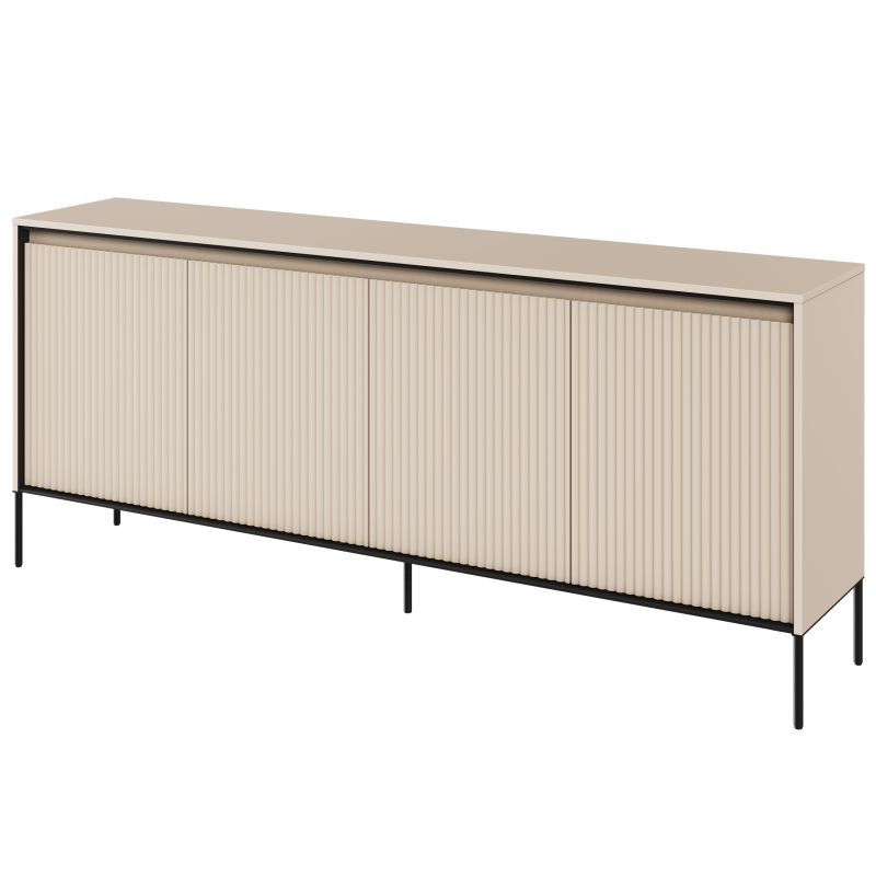 Kommode TREND TR-04 in Sandbeige, freistehend vor weißem Hintergrund, mit vier Türen und LED-Beleuchtung