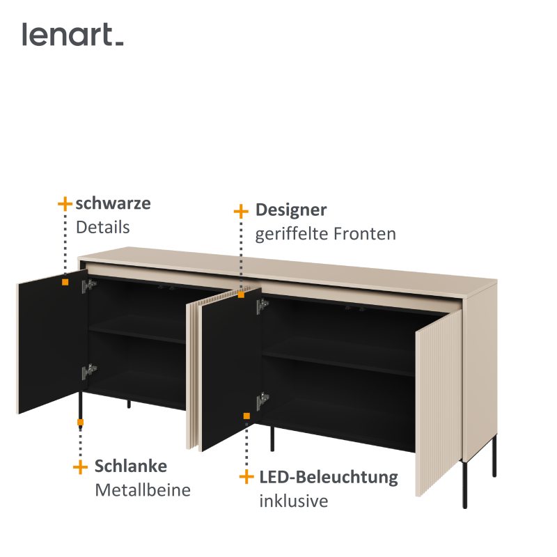 Nahaufnahme der geriffelten Fronten der Kommode TREND TR-04 in Sandbeige, mit integrierter LED-Beleuchtung
