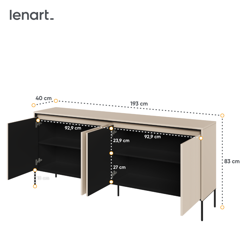 Maßzeichnung der Kommode TREND TR-04 in Grau: Breite 193 cm, Höhe 83 cm, Tiefe 40 cm