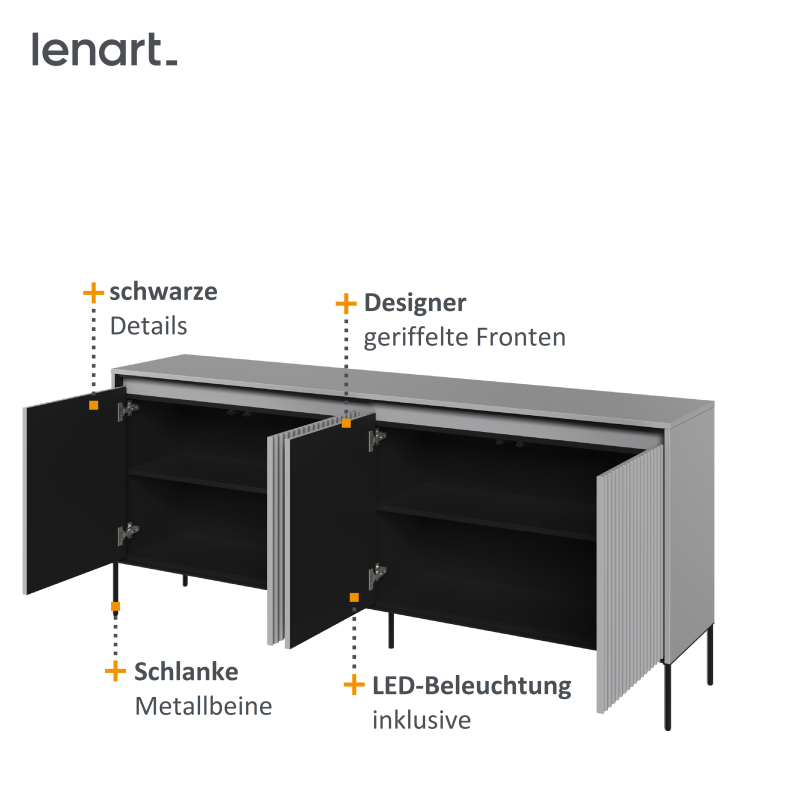 Nahaufnahme der geriffelten Fronten der Kommode TREND TR-04 in grau, mit integrierter LED-Beleuchtung