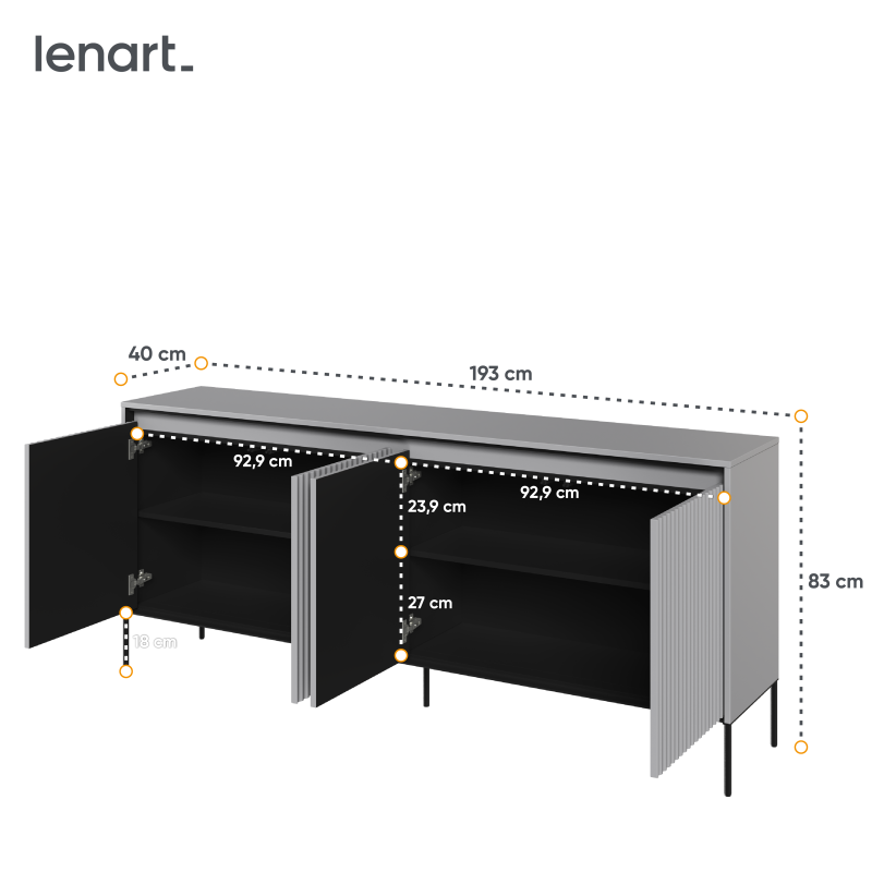 Maßzeichnung der Kommode TREND TR-04 in Grau: Breite 193 cm, Höhe 83 cm, Tiefe 40 cm