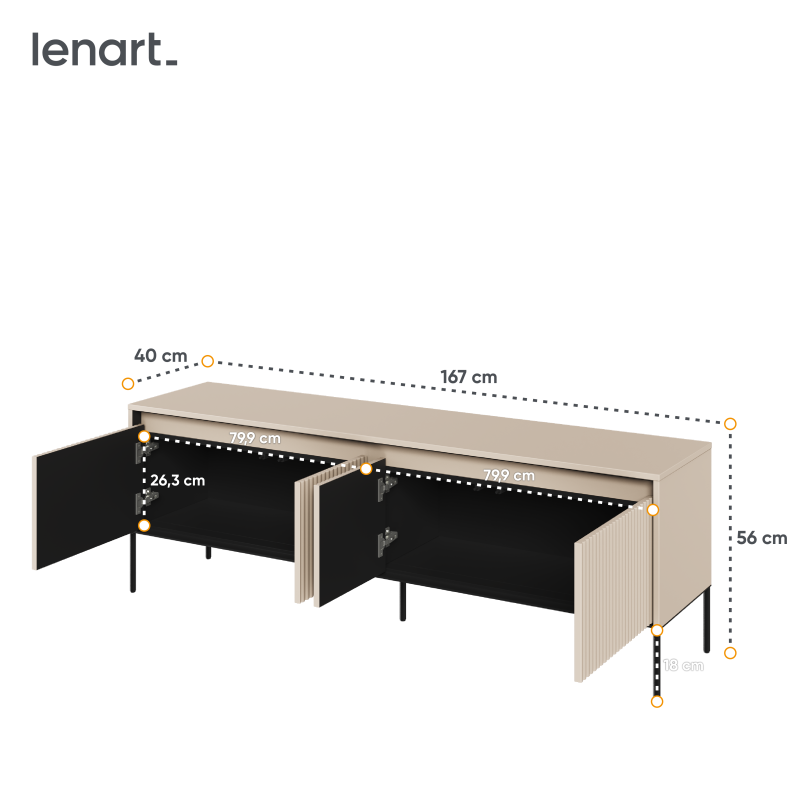 Technische Zeichnung des TV-Schranks TREND TR-05 in Sandbeige mit angegebenen Maßen zu Höhe, Breite und Tiefe