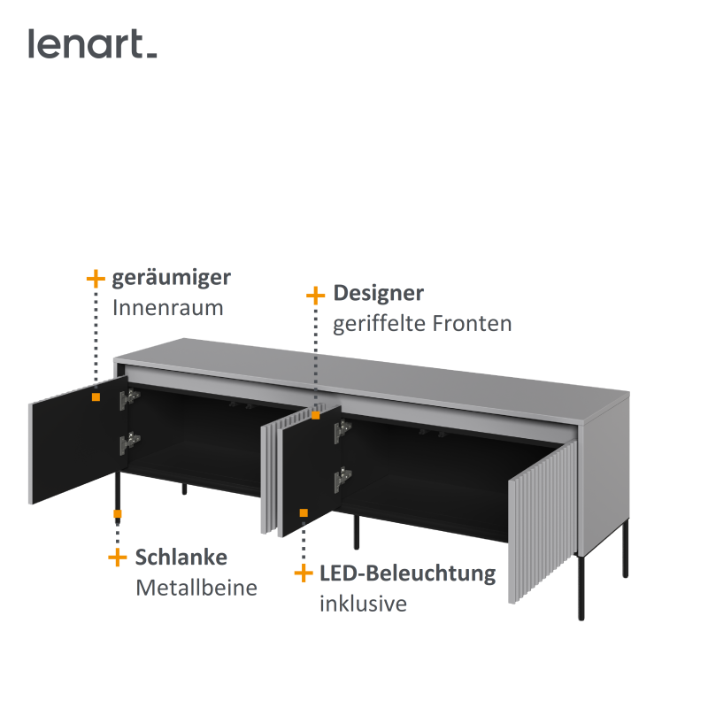 Nahaufnahme der dreidimensionalen Fronten und der integrierten LED-Beleuchtung des TV-Schranks TREND TR-05