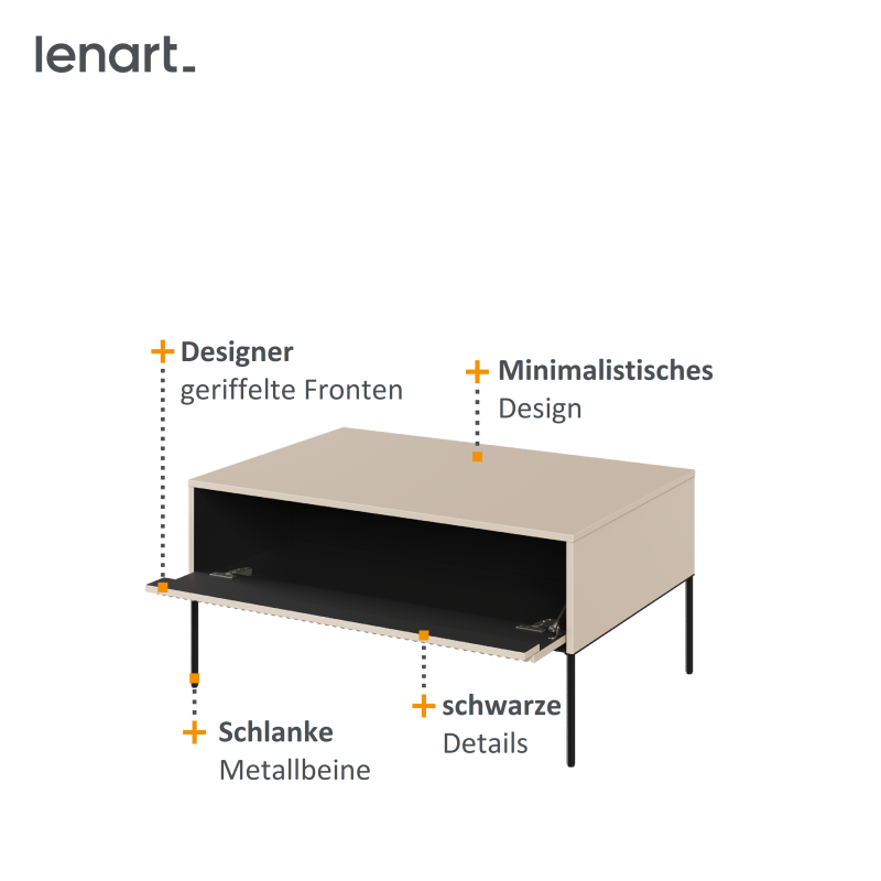 Couchtisch Trend 9 Sandbeige Spezifikation, Detailansicht des Couchtischs TREND TR-09 – geriffelte Front und integrierte Ablage
