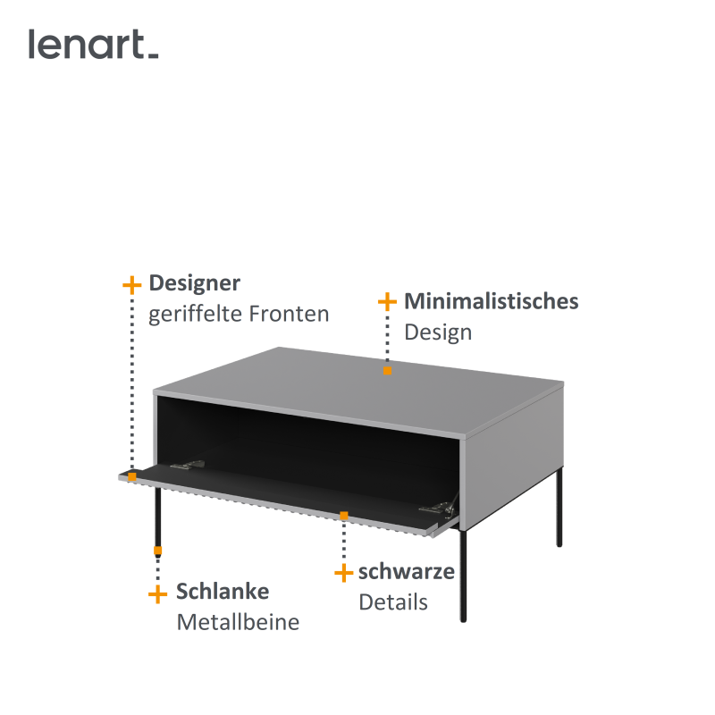Couchtisch Trend 9 Grau Spezifikation, Detailansicht des Couchtischs TREND TR-09 – geriffelte Front und integrierte Ablage