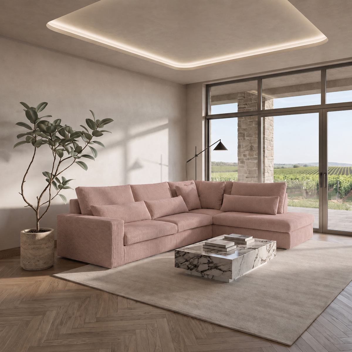 Ecksofa SVEN – modernes Sofa in L-Form 315x245 cm, freistehend, bequem und stilvoll - Rosa (Poso 27)