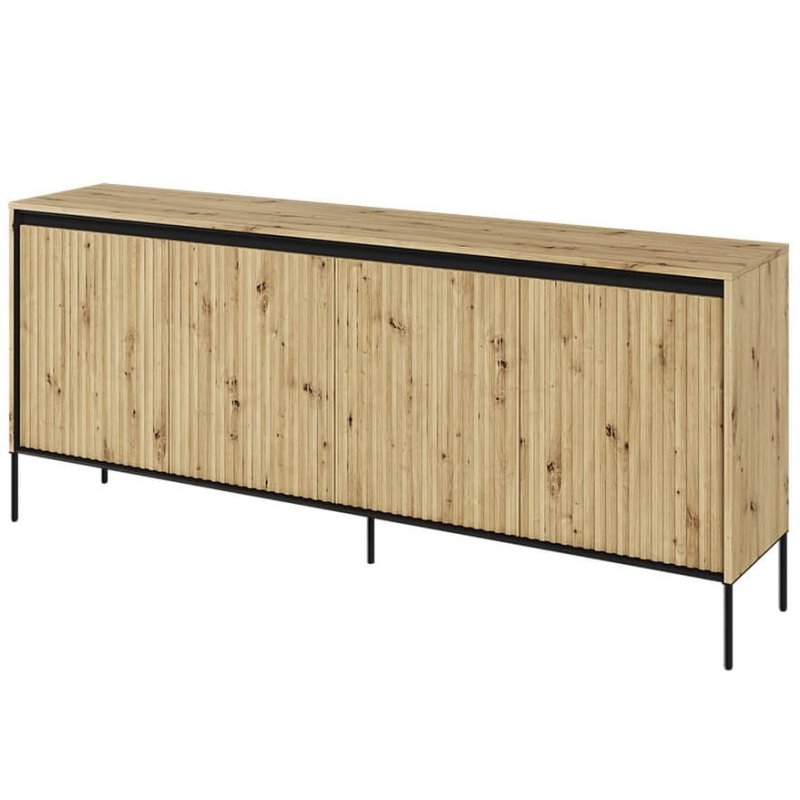 Kommode TREND TR-04 in Artisan Eiche, freistehend vor weißem Hintergrund, mit vier Türen und LED-Beleuchtung