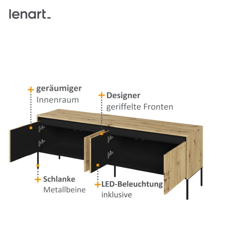 Nahaufnahme der dreidimensionalen Fronten und der integrierten LED-Beleuchtung des TV-Schranks TREND TR-05