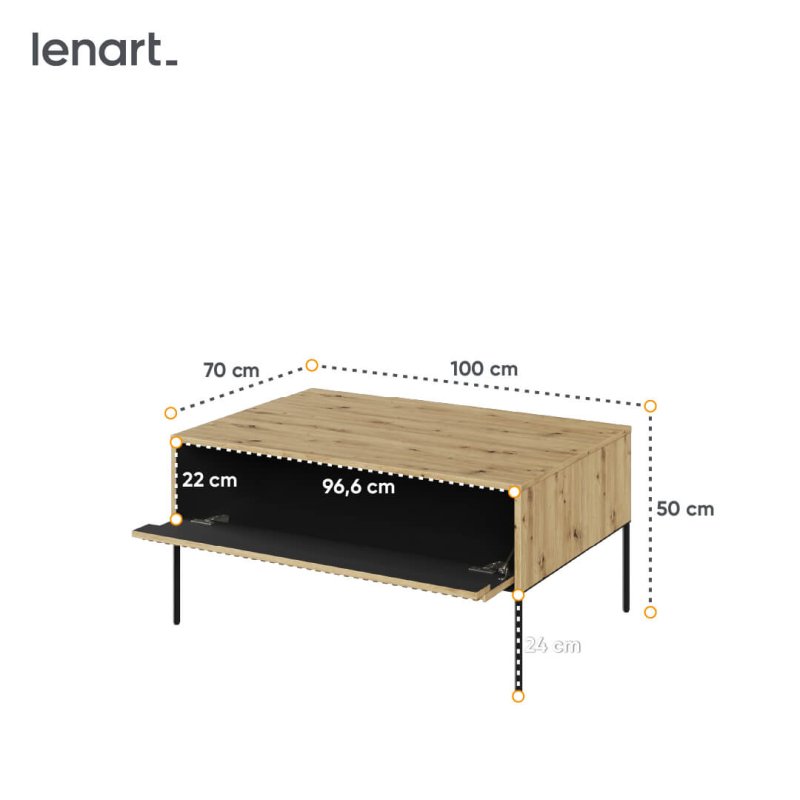 Couchtisch Trend 9 Eiche Artisan Abmessungen, Maßtabelle und Abmessungen des TREND TR-09 Couchtischs von Lenart