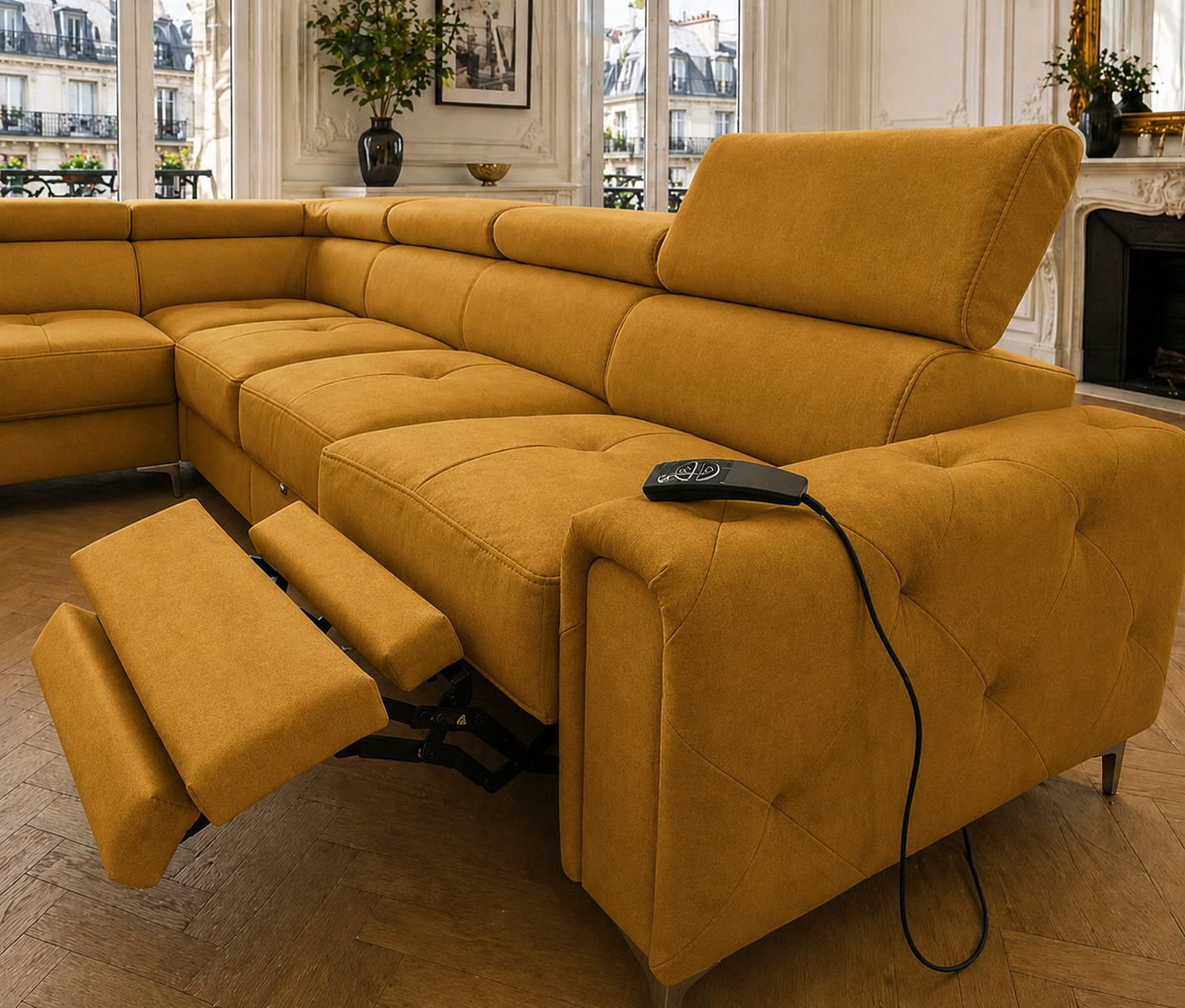 Ecksofa Orion I Relax mit Schlaffunktion und verstellbaren Kopfstützen im Glamour-Stil - Stoff Moly 51, Senf