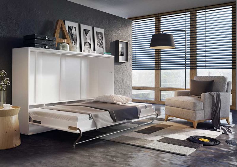 Wandklappbett Concept Pro 5 120x200 Horizontal Lenart Bett Weiß und Weiß Hochglanz