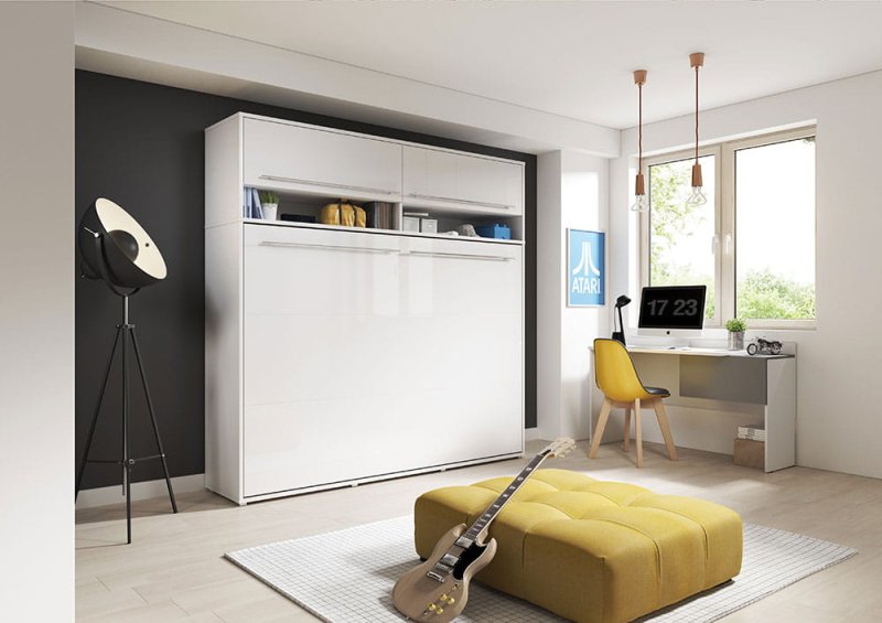 Wandklappbett Concept Pro 4 140x200 Horizontal Lenart Bett Weiß und Weiß Hochglanz