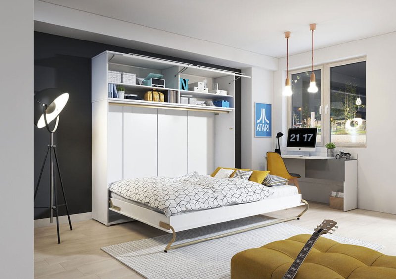 Wandklappbett Concept Pro 4 140x200 Horizontal Lenart Bett Weiß und Weiß Hochglanz