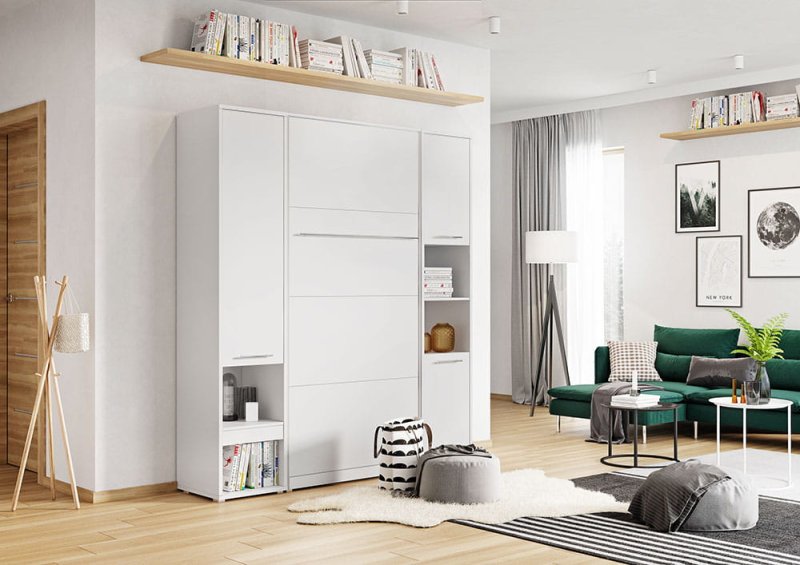 Wandklappbett Concept Pro 3 90x200 Vertikal Lenart Bett Weiß und Weiß Hochglanz