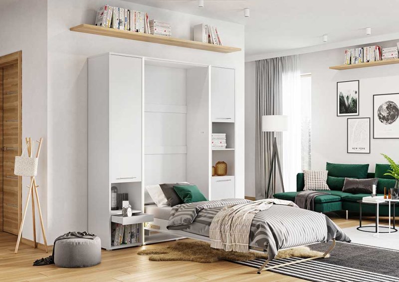 Wandklappbett Concept Pro 3 90x200 Vertikal Lenart Bett Weiß und Weiß Hochglanz