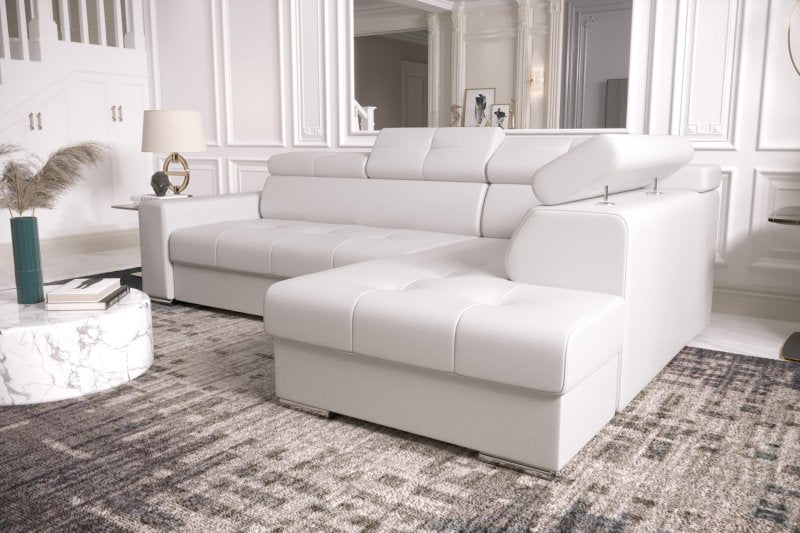 Ecksofa MARGO I Ledersofa mit Schlaffunktion und Bettkasten, Weiß
