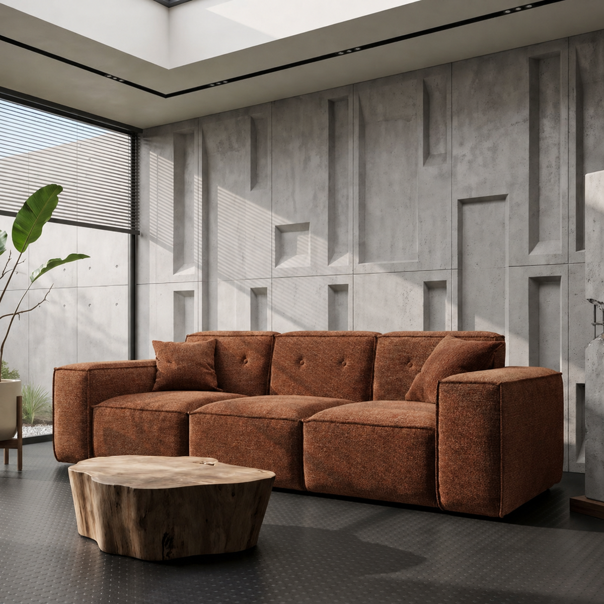 Sofa LUGA 225 cm mit Knöpfen 3-Sitzer Chenille Stoff Rostfarbe (Perfect Harmony 52)