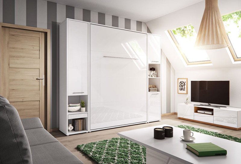 Wandklappbett Concept Pro 2 120x200 Vertikal Lenart Bett Weiß und Weiß Hochglanz