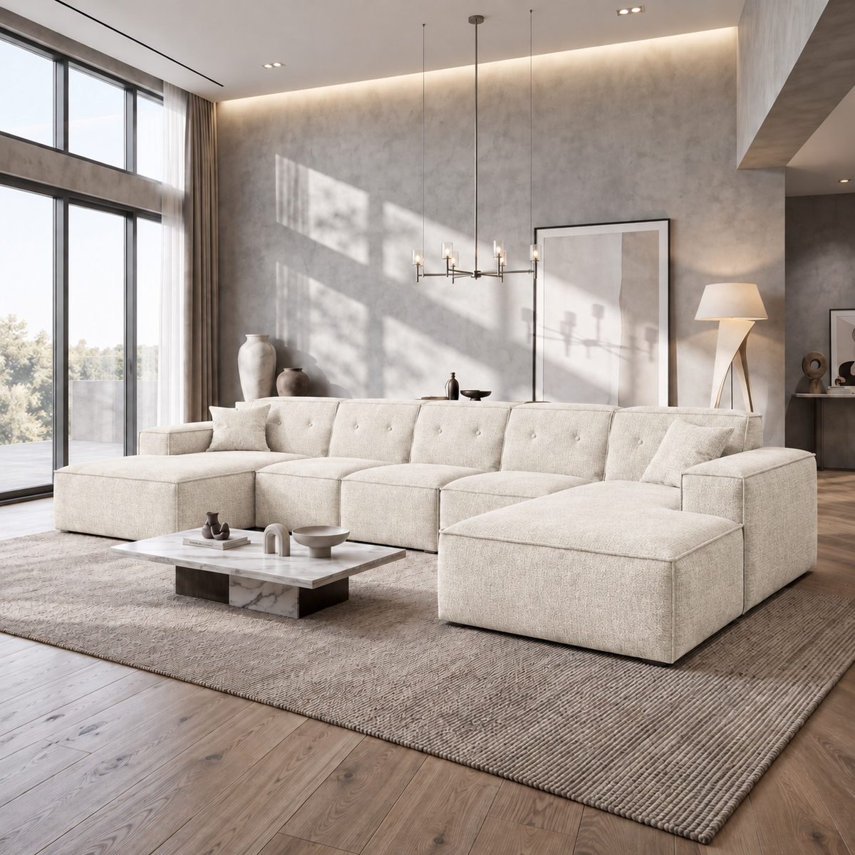 Ecksofa LUGA U XL 462 cm mit Knöpfen Chenille Stoff Creme (Perfect Harmony 01)