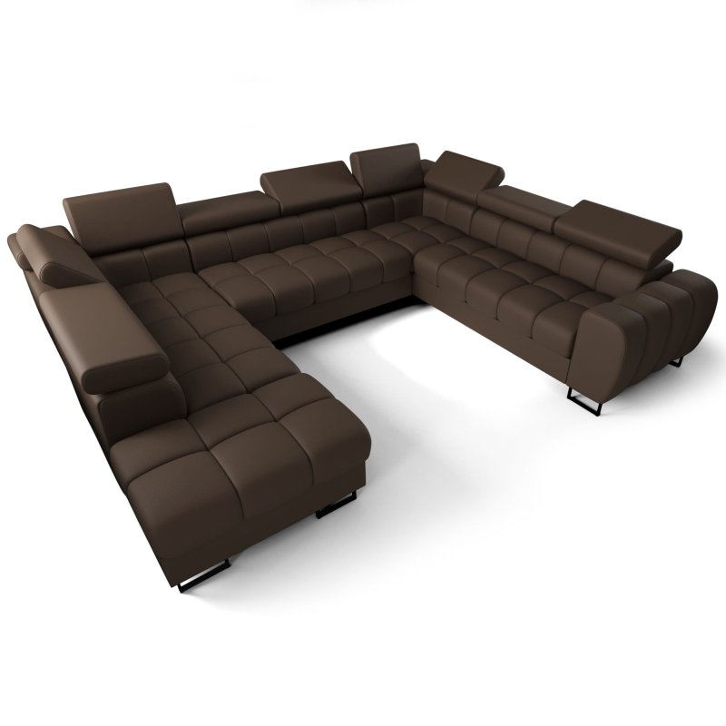 Ecksofa ASPEN MAX I – U-förmiges Ledersofa 265x350x225 cm mit Schlaffunktion und zwei Bettkästen, Braun (L-9)