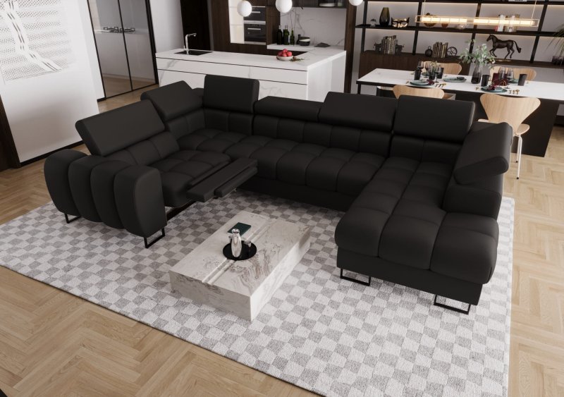 Ecksofa ASPEN MAX II RELAX Ledersofa 198x350x170 cm U-form Schlaffunktion Bettkasten Schwarz (K-22) - Links