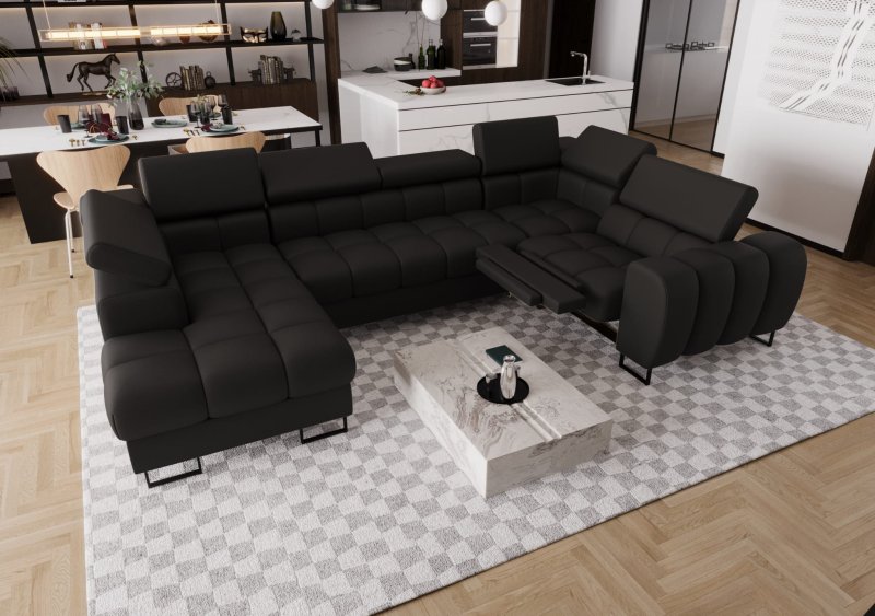 Ecksofa ASPEN MAX II RELAX Ledersofa 198x350x170 cm U-form Schlaffunktion Bettkasten Schwarz (K-22) -  Rechts