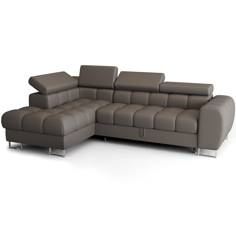 ASPEN MINI Ecksofa Leder mit Schlaffunktion, Bettkasten & verstellbaren Kopfstützen 260×170 cm – Grau