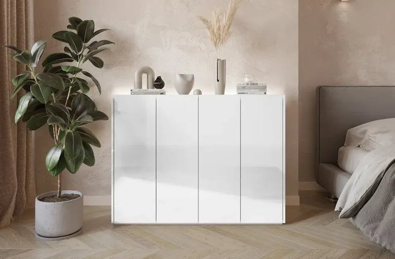Kommode EASY Schrank mit LEDs EA-02 Weiß Hochglanz / Eiche