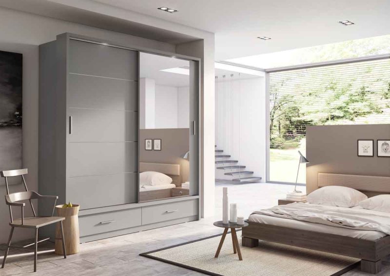 Kleiderschrank ARTI 5 mit zwei Schiebetüren, zwei Schubladen und einem Spiegel LENART